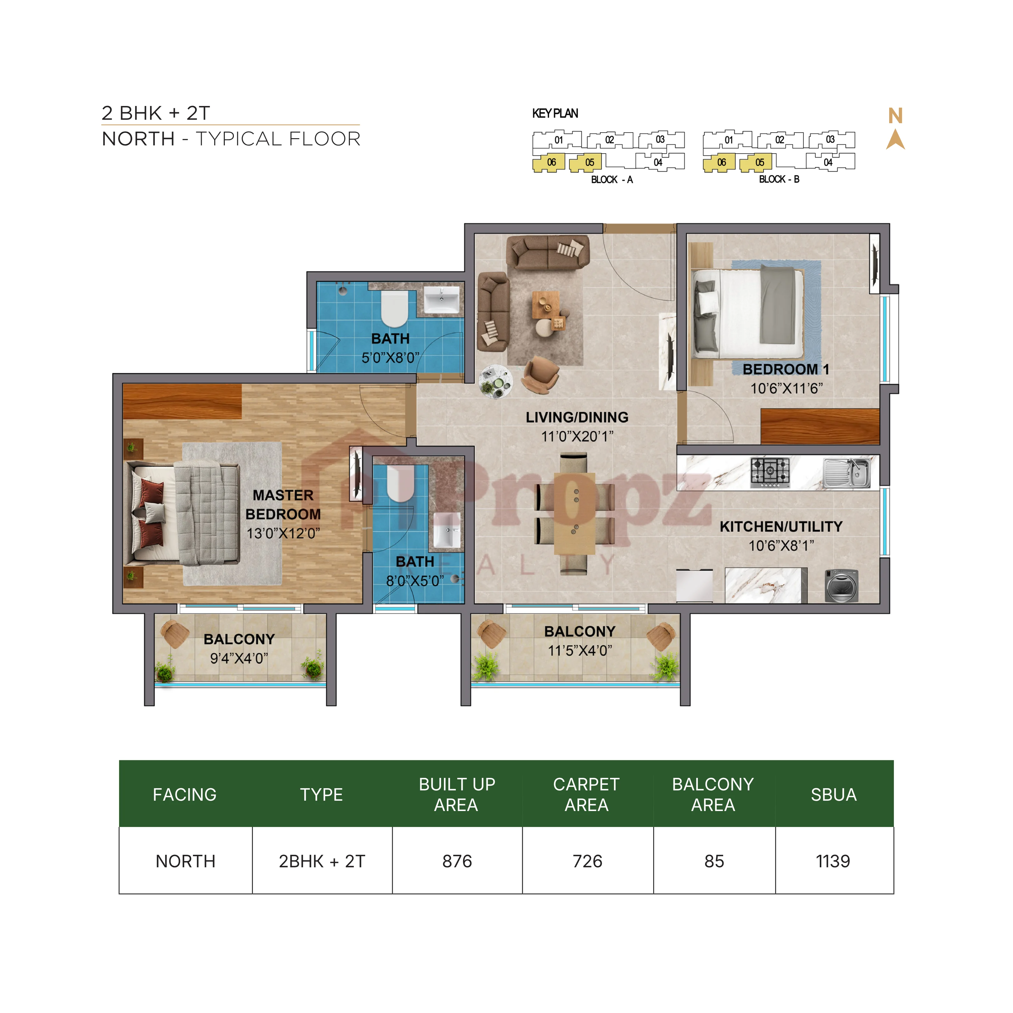 2 BHK + 2T floor plan — Amberstone Vectra