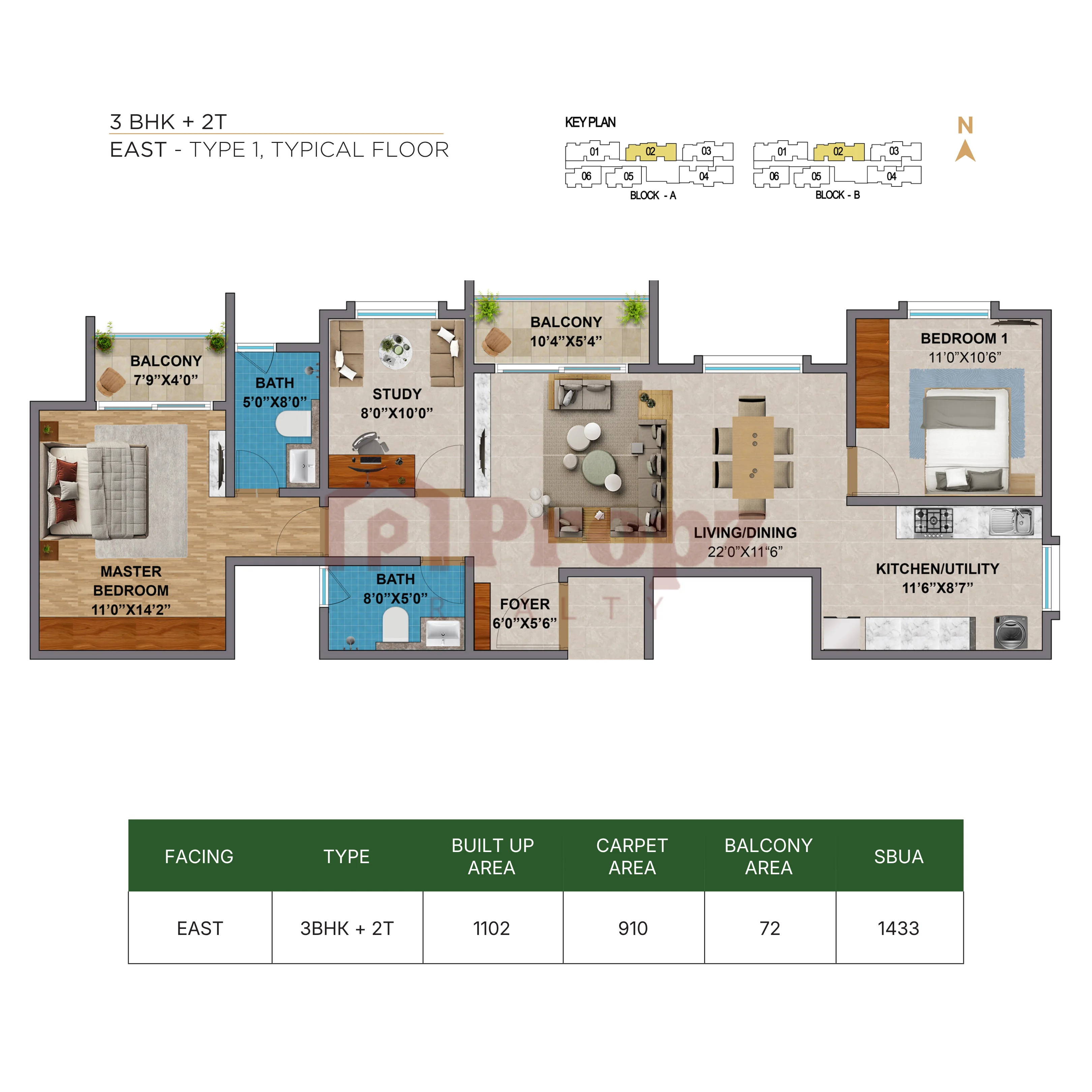 3 BHK + 2T floor plan — Amberstone Vectra