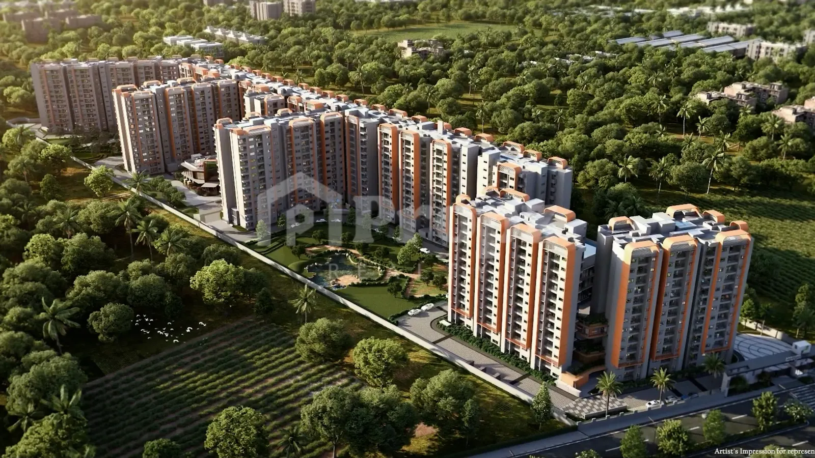 Aerial view of TVS Emerald Altura residential towers surrounded by green landscape in Yelahanka, Bangalore