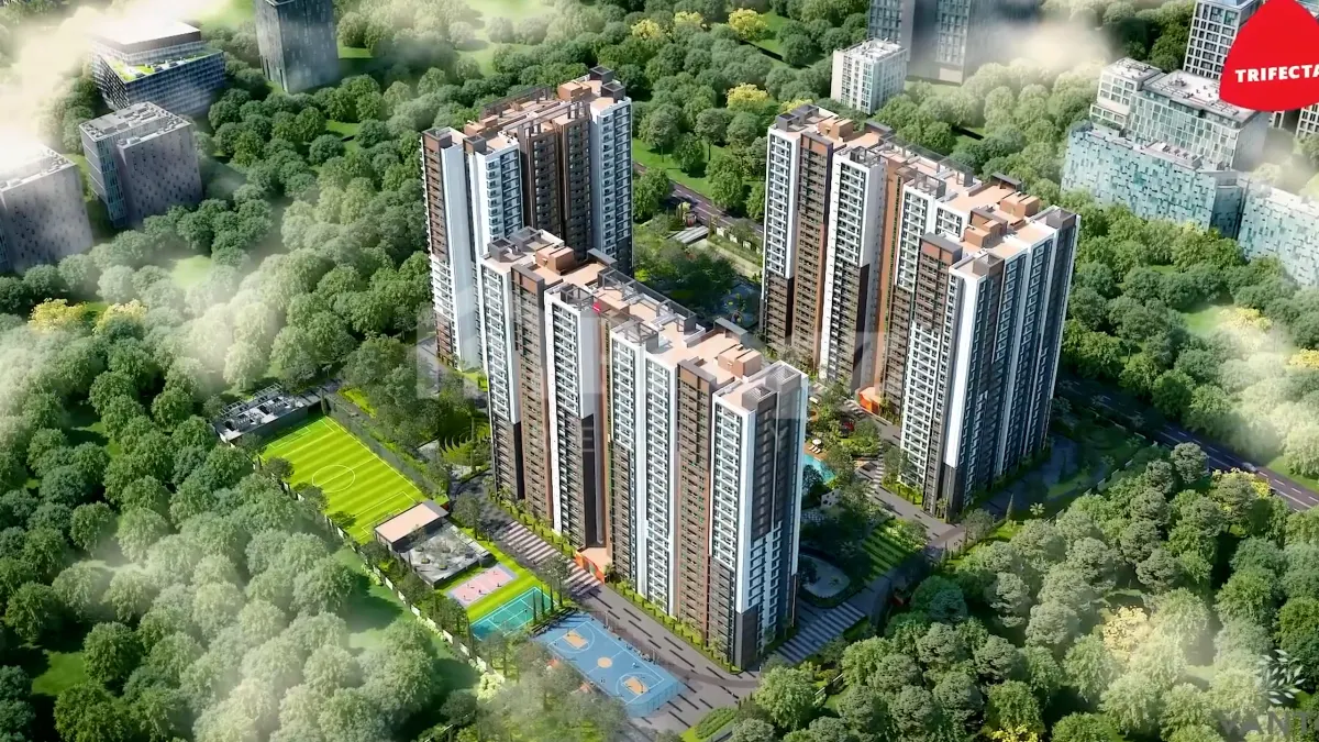 Aerial view of Trifecta Vanto residential towers surrounded by greenery in Bangalore