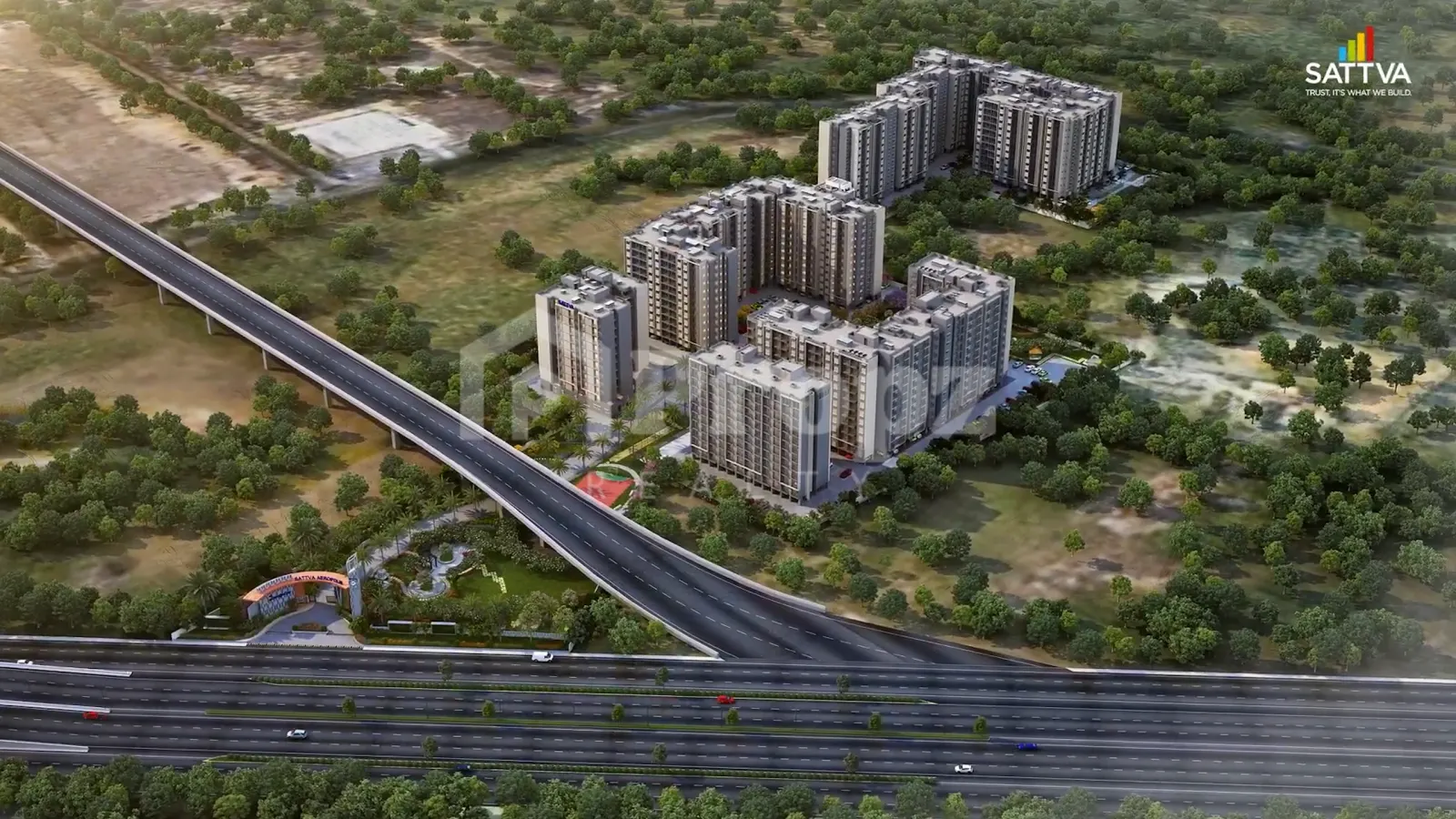 Aerial view of Sattva Aeropolis residential towers surrounded by green landscape near Airport Road, Bangalore