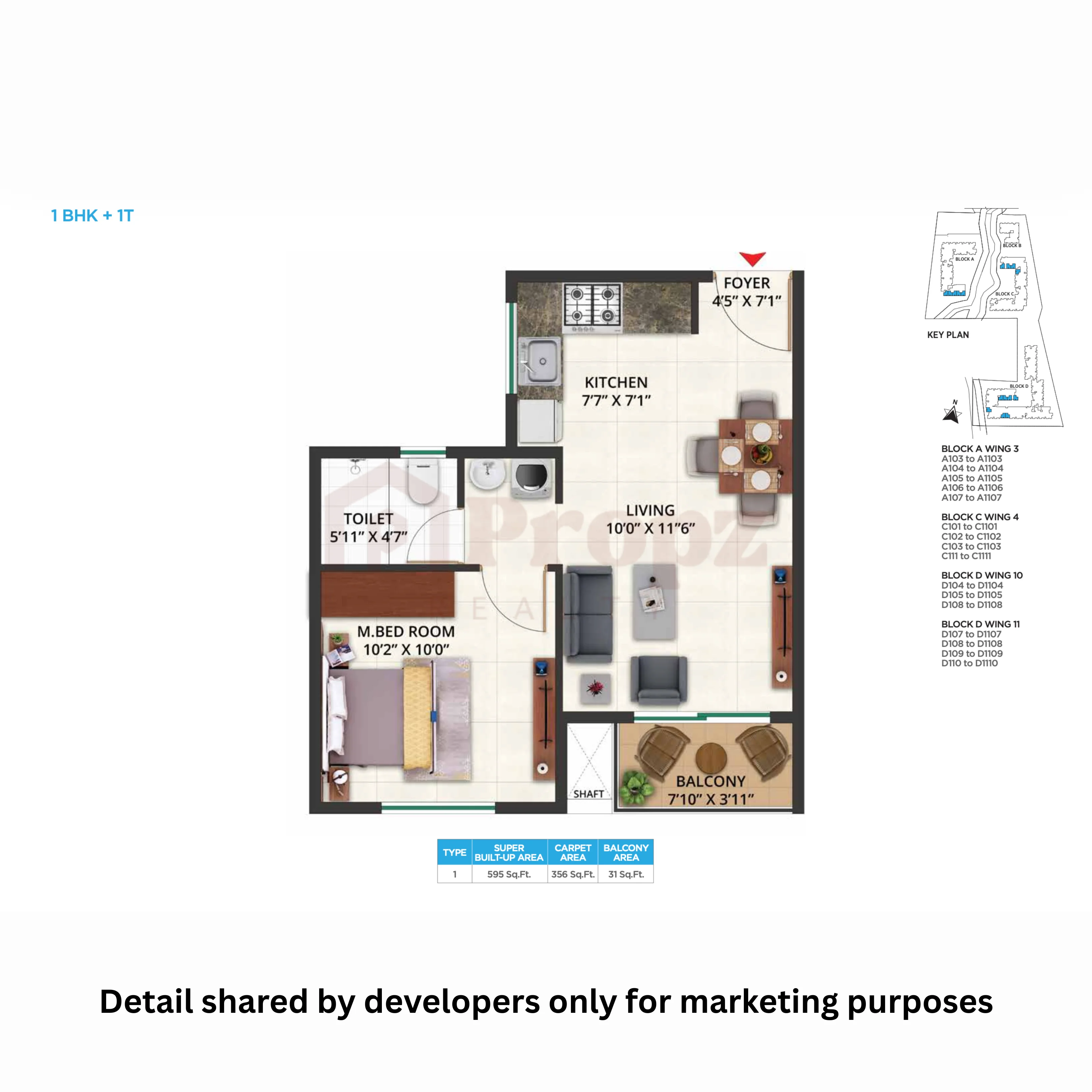 1 BHK + 1T (Type 1 / 1A) floor plan — Sattva Aeropolis