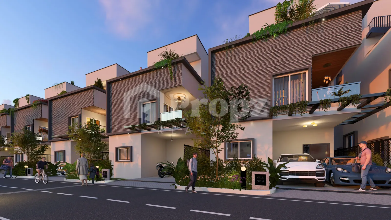Modern residential villas with horizontal wood cladding, balcony gardens, and street-level parking at dusk