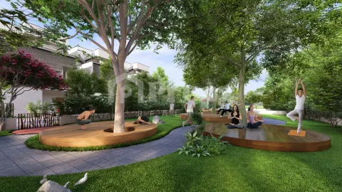 Landscaped garden with wooden yoga platforms, mature trees, and green lawn