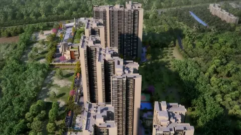 Aerial view of Sattva Lumina high-rise towers with rooftop amenities and surrounding greenery