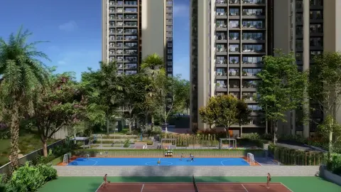 Sports courts including tennis and basketball with residential towers and landscaped gardens at Sattva Lumina