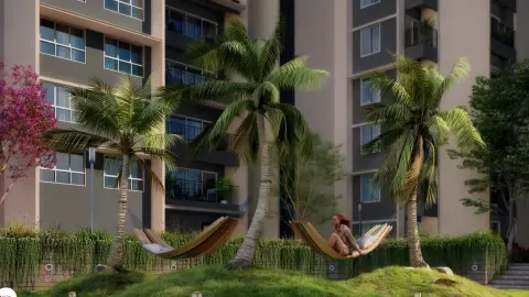 Hammocks between palm trees in landscaped garden area with residential building in background