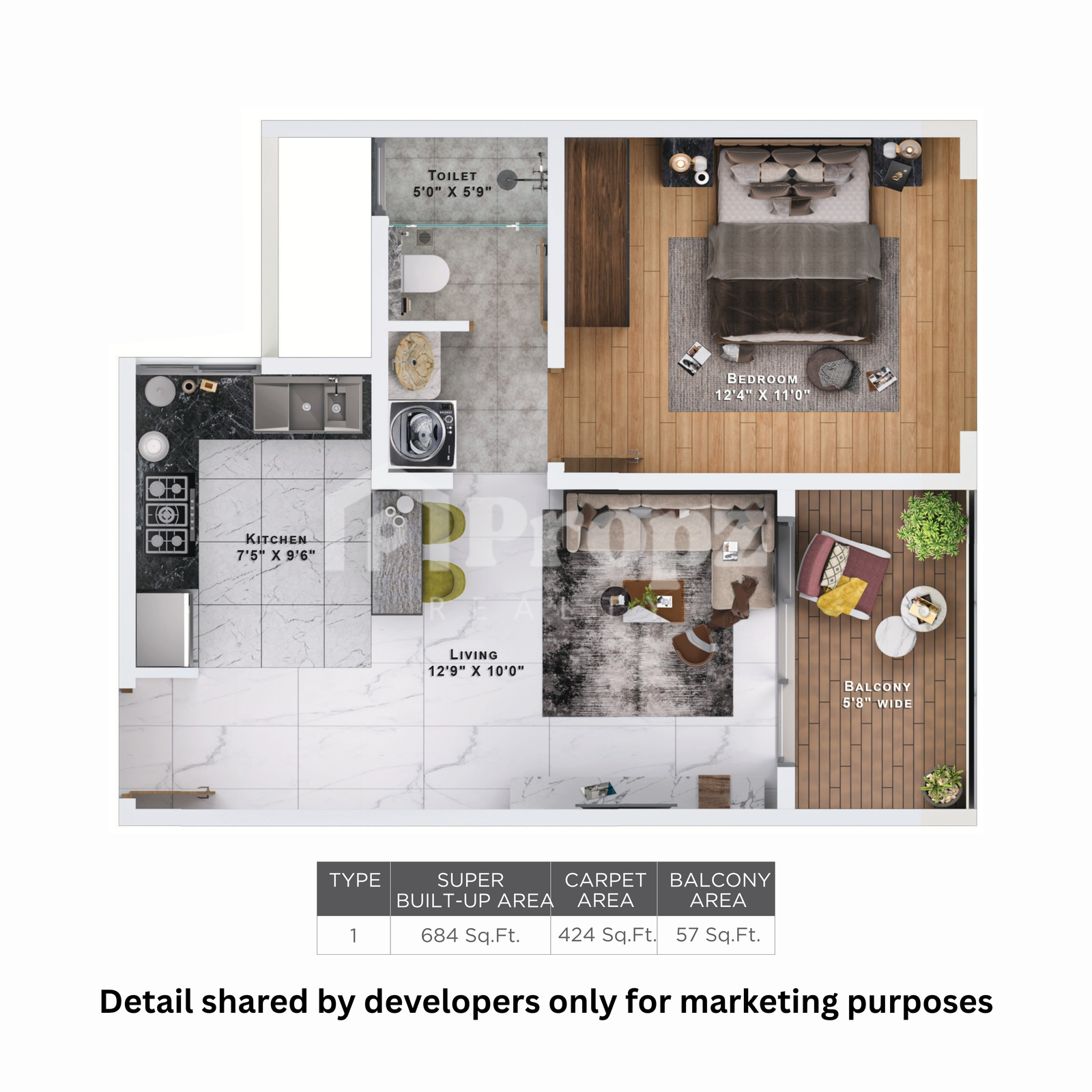 1 BHK + 1T floor plan — Sattva Lumina