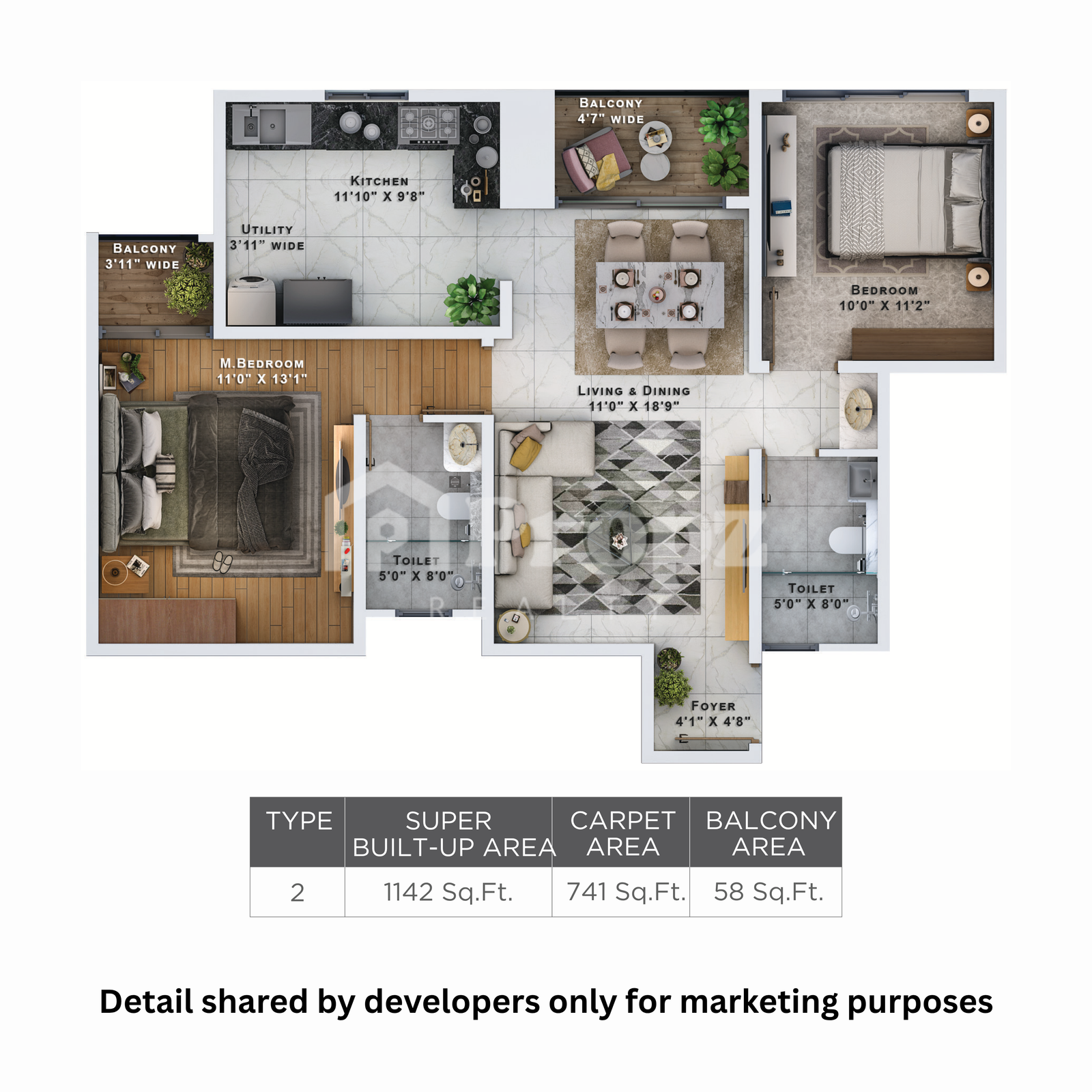 2 BHK + 2T floor plan — Sattva Lumina